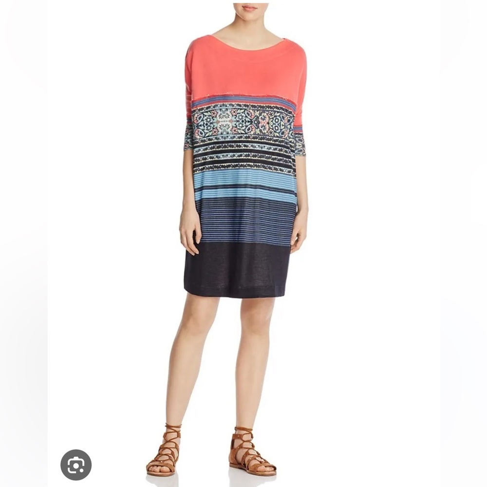 Free people stepping out dress tunic top 3/4 raglan sleeves large striped pink